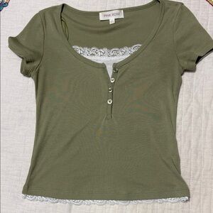 Pink Rose Sage Buttoned Tee with Lace Detail